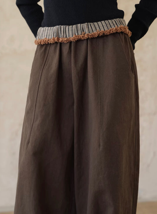 Deep Brown Contrast Wide-Leg Elastic Cuff Pants