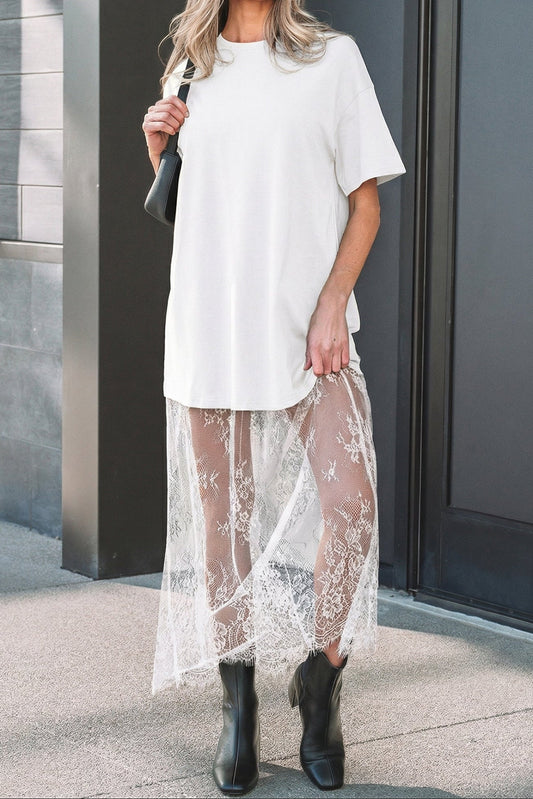 White Floral Patchwork Short Sleeve T Shirt Loose Maxi Dress
