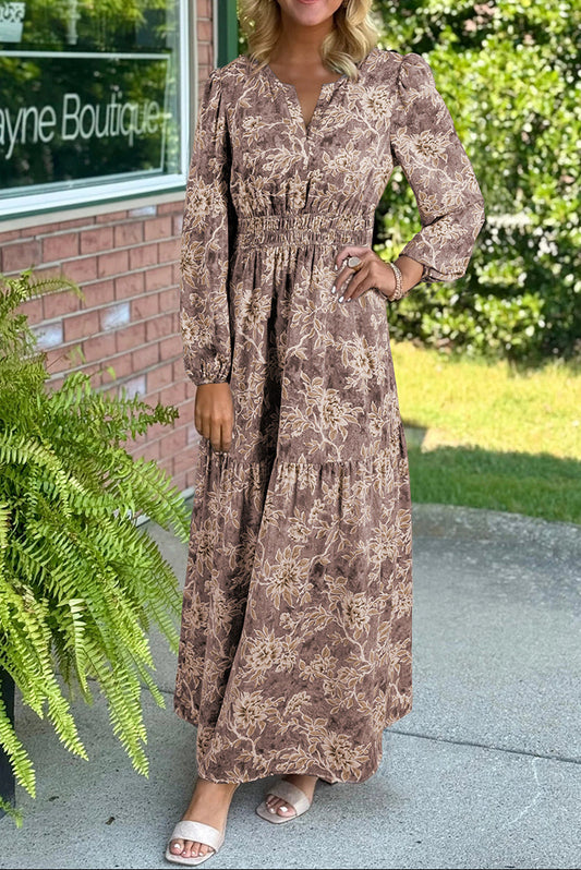 Brown Floral Print Smocked High Waist Long Sleeve Maxi Dress