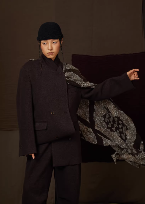 Nomadic Genderless Wool Blazer with Silk Scarf Detail