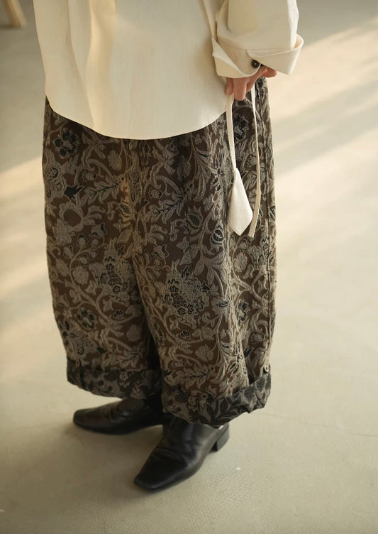 Moss Green Textured Fringe Nomadic New-Oriental Wide-Leg Pants