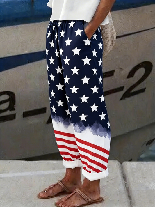 Loose Casual Linen Blend Independence Day Pants