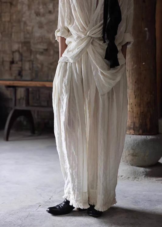 Beige Striped Fringe Wide-Leg Cuffed Pants