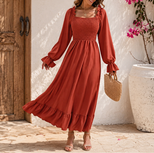 Square Neck Ruffle Bell Sleeve Maxi Dress | Casual Feminine Vacation Dress