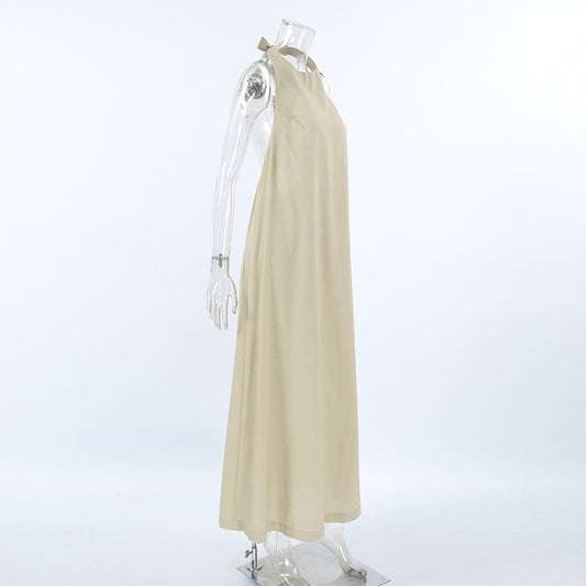 French Khaki Halter Dress | Cotton Linen Resort Vacation Dress