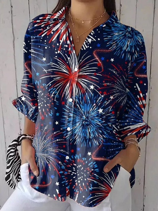 Women's American Flag Printed Casual Mid-Length Sleeve Shirt