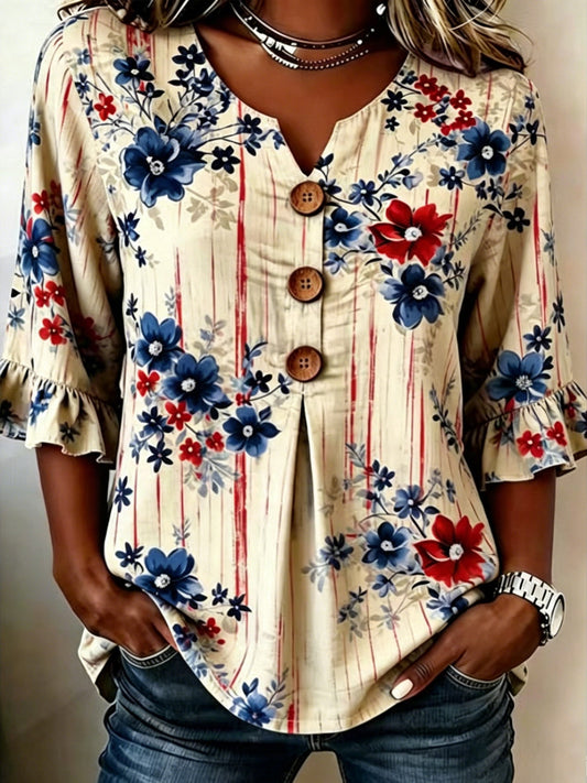 Women's Floral Half Sleeve Blouse Summer White Plain Peplum V Neck Button Daily Going Out Vintage Top Independence Day