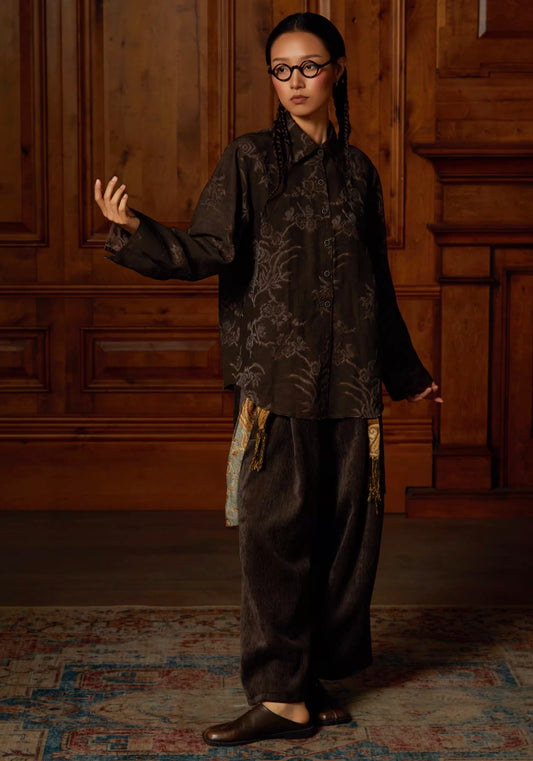 Nomadic New-Oriental Cotton-Linen Burnout Jacquard Raw-Edge Shirt