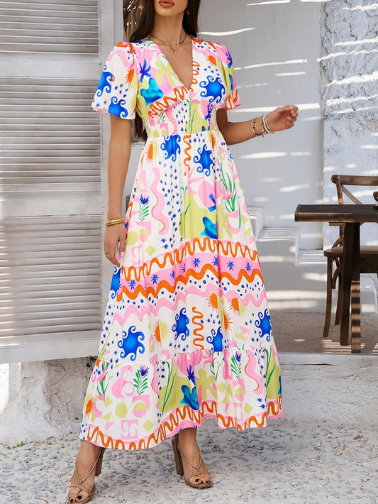 Bohemian Colorblock Print V-Neck Dress | Resort Vacation Wear