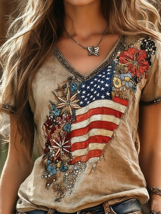 250th Anniversary V Neck America Flag Embroidery Roes Summer Linen Look Vintage Casual T-Shirt