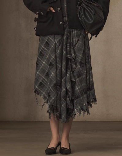 Moonstone Grey Madras Plaid Irregular Fringe Skirt with Rose Brooch