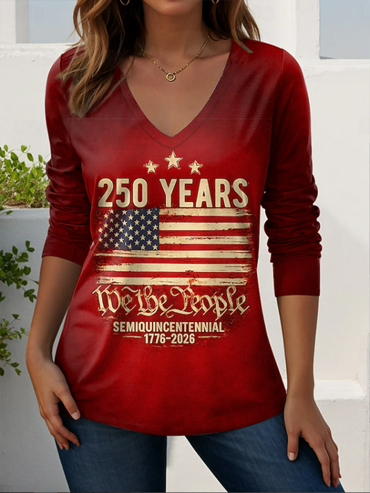 Women's USA 250th Anniversary Long Sleeve T-shirt Spring/Fall Red America Flag Printing V Neck Holiday Going Out Casual Top