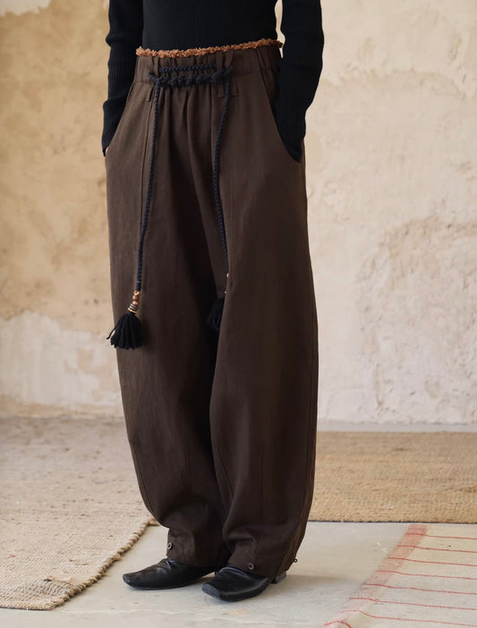Deep Brown Contrast Wide-Leg Elastic Cuff Pants