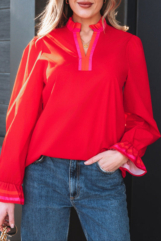 Fiery Red Striped Trim Ruffle Split Neck Long Sleeve Blouse