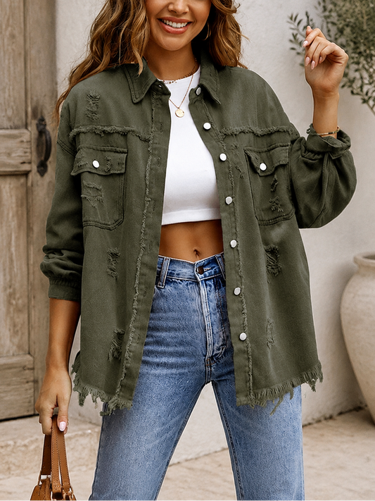 Solid Distressed Denim Shirt Jacket | Loose Long Sleeve Casual Outerwear