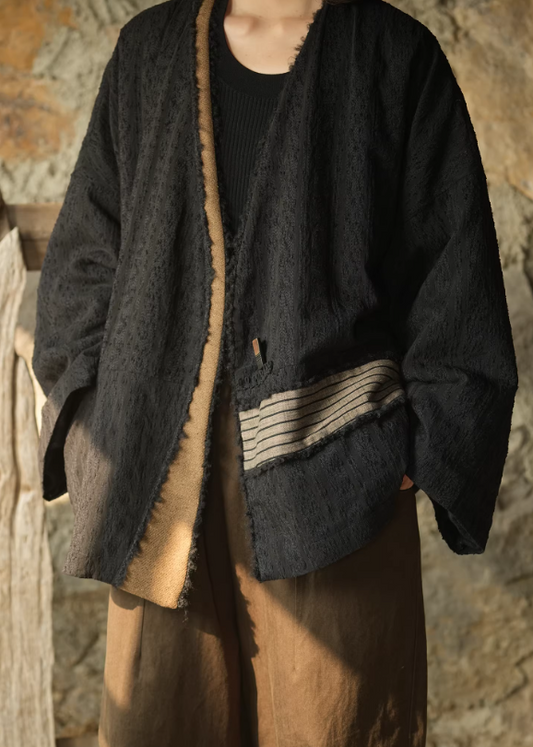 Color-Blocked Striped Textured Wool Relaxed Artistic Short Coat