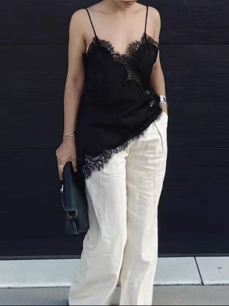 Asymmetrical Lace Patchwork Cami Top | Embroidered Backless Shoulder Strap Top