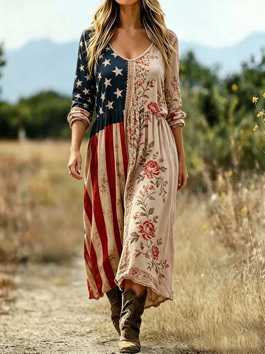 Women Floral V Neck Vintage America Flag Spring Summer A-Line Maxi Dress