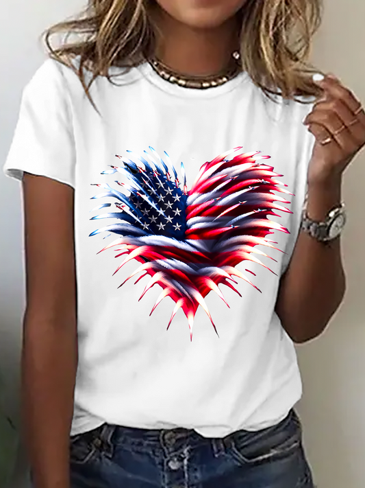Independence Day Flag Heart Fireworks Cotton T-Shirt