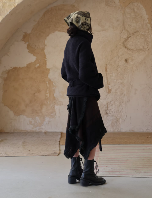 Reversible Thick Textured Wool Belted Stripe Black Short Coat