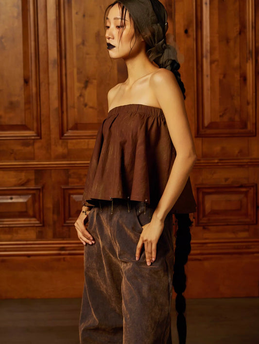 Hand-Beaded Mud-Dyed Stretch Bandeau Crop Top