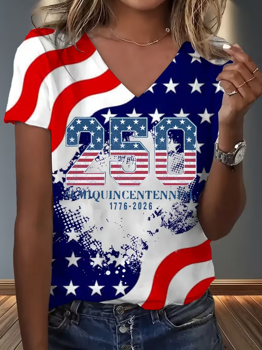 Women's Short Sleeve T-shirt Summer As Picture America Flag Printing V Neck Holiday Going Out Vintage Top