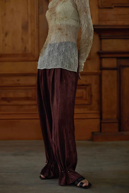 Distressed Finish Metal-Detail Slim-Fit Wide-Leg Pants