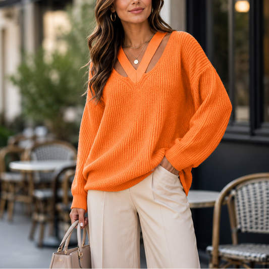 Solid V-Neck Loose Backless Knit Sweater | Elegant Commuter Boutique Top