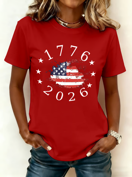 Women's Short Sleeve T-shirt Summer Red America Flag Printing Jersey Crew Neck Daily Going Out Casual Top