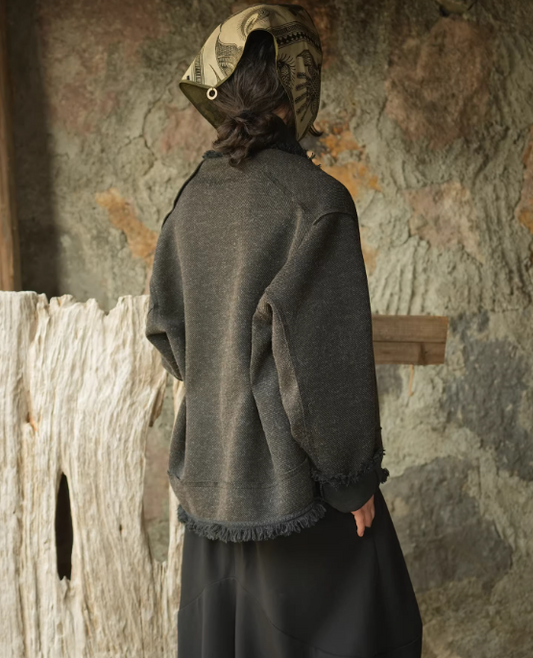 Black & Grey Knitted Wool New-Oriental Nomadic Cardigan