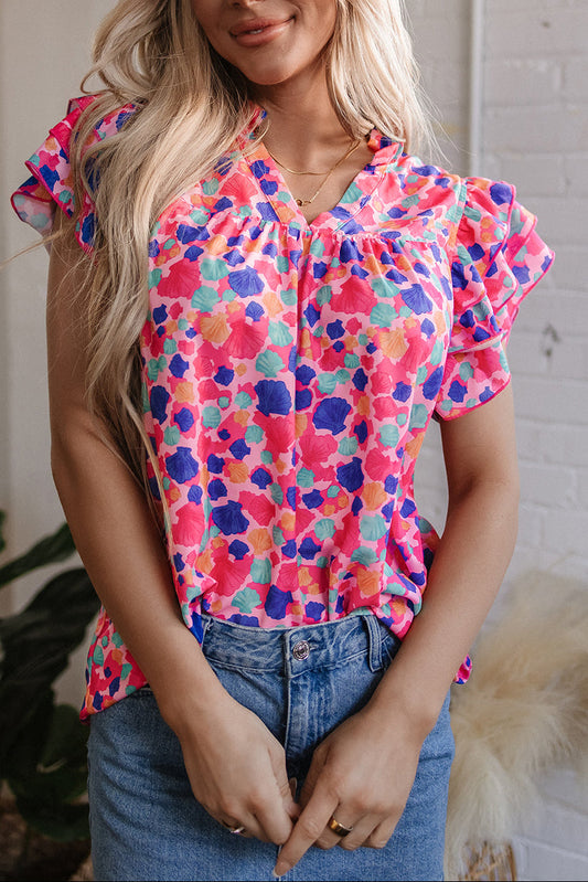 Rose Red Abstract Print Ruffled Sleeve V Neck Blouse