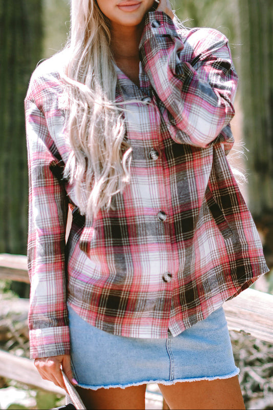 Pink Plaid Flap Pocket Button Up Shacket