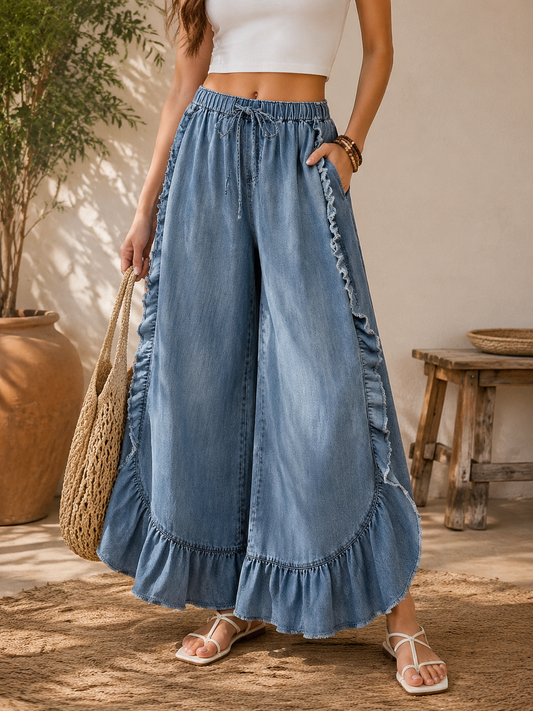 Boho Ruffle Raw-Hem Flare Denim Pants | Mid-Rise Spring Summer Trousers