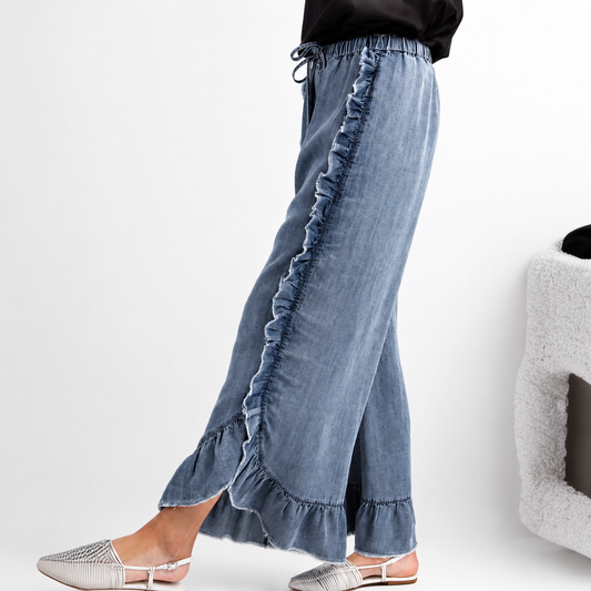 Boho Ruffle Raw-Hem Flare Denim Pants | Mid-Rise Spring Summer Trousers