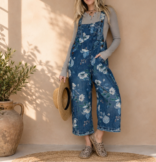 Printed Wide-Leg Denim Jumpsuit | Sleeveless Loose Streetwear One-Piece