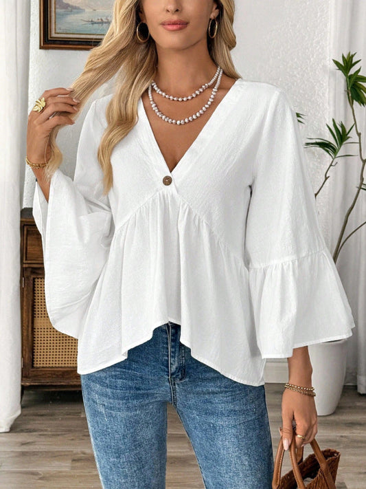 Women Solid V-Neck Ruffle Sleeve Cotton Top