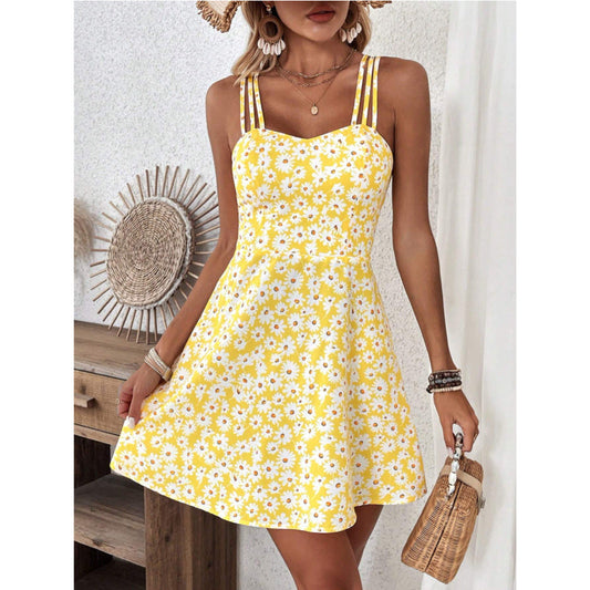 Yellow Floral Print Spaghetti Strap Dress