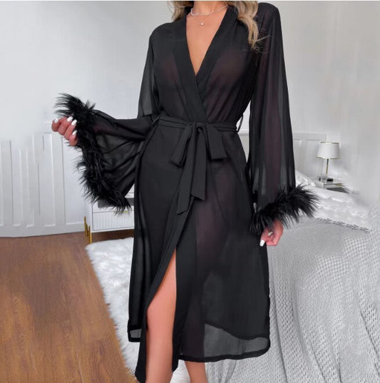 Faux Silk Feather Trim Long Tie Robe