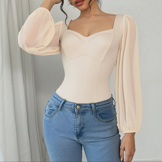 Square Neck Mesh Long Sleeve Solid Color Bodysuit