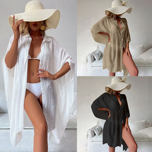 Loose Button Up Slub Cotton Beach Cover Up Cardigan