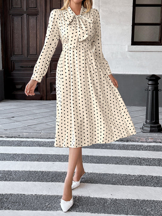 Vintage Polka Dot Bow Neck Midi Dress Women