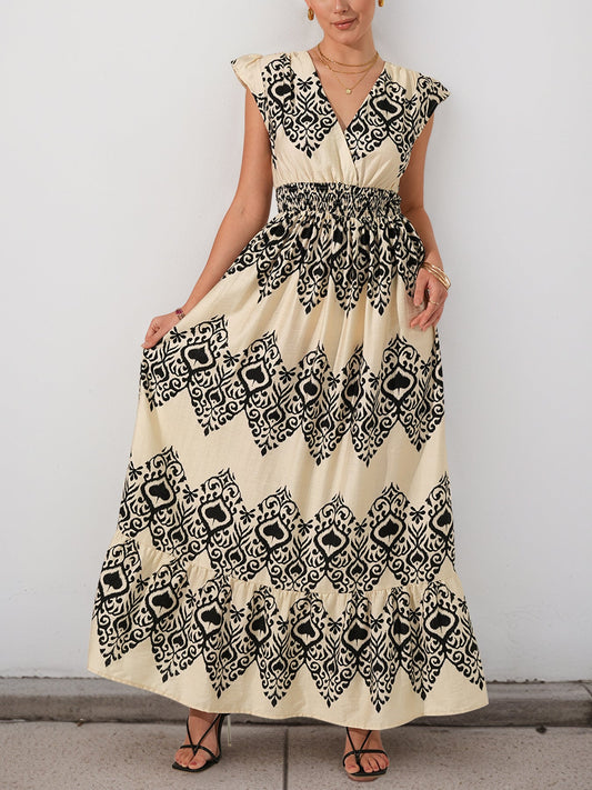 Boho Print V Neck Maxi Dress High Waist Ruffle Sleeve