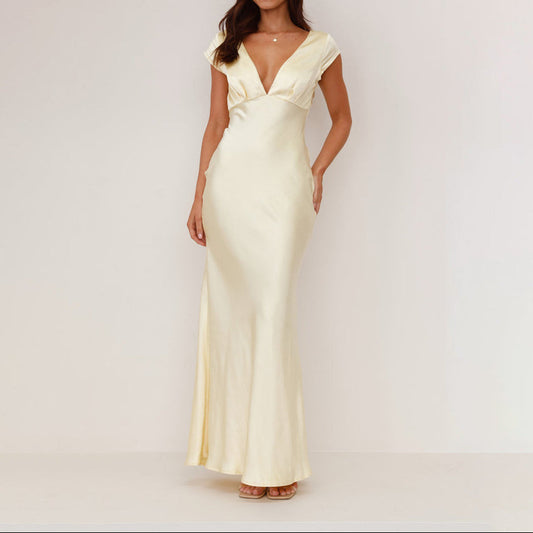 Women Deep V Neck Backless Slim Fit Midi Dress