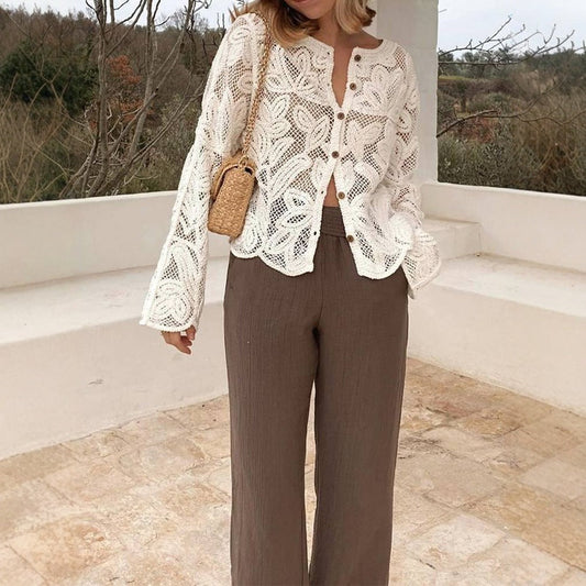 Openwork Knit Button Long Sleeve Top