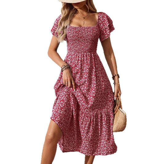 Floral Square Neck Smocked Midi Dress Women