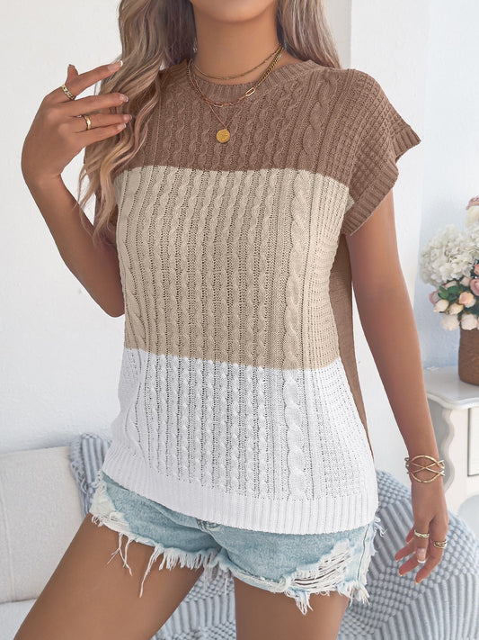 Color Block Batwing Sleeve Cable Knit Sweater Women