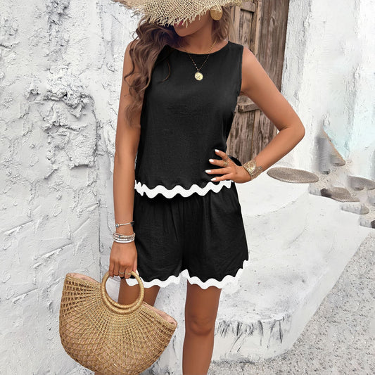 Short Sleeve Lace Trim Top and Shorts Set