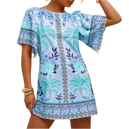 Vintage Round Neck Flared Sleeve Printed Dress