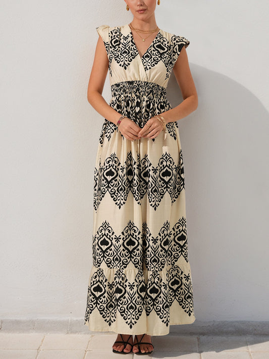 Boho Print V Neck Maxi Dress High Waist Ruffle Sleeve