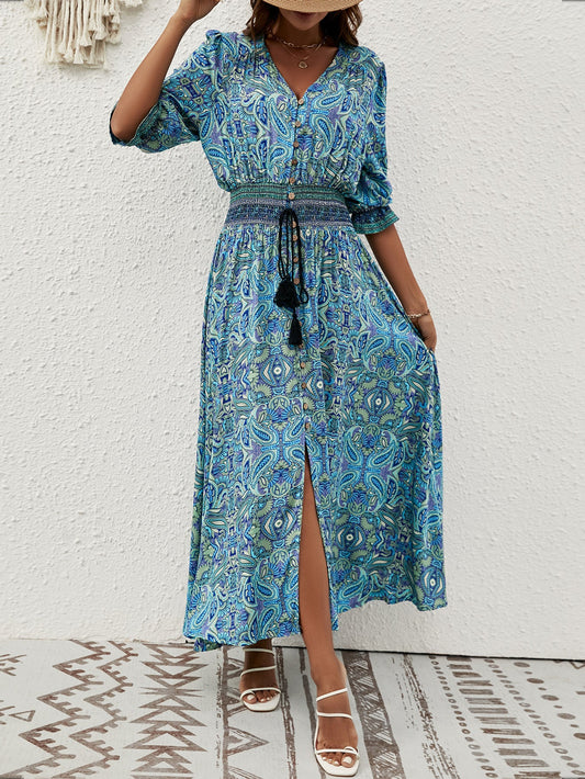 Boho Print Button Front Waist Tie Beach Dress